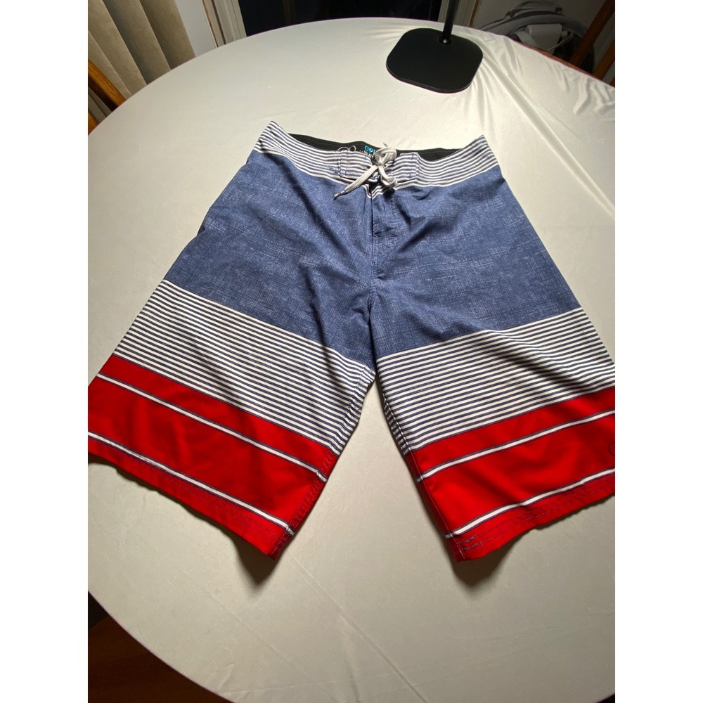 Ocean Pacific OPFlex Mens Board Shorts Blue Red Striped 4-Way Stretch Size 32